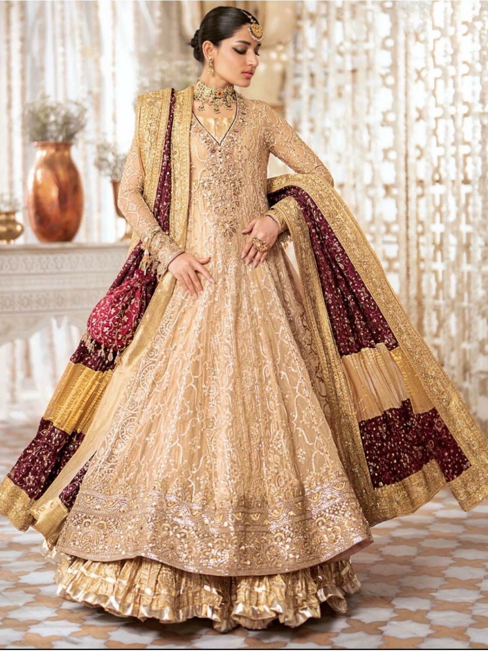 Gold Embroidered Maxi Anarkali Dress with Maroon Dupatta